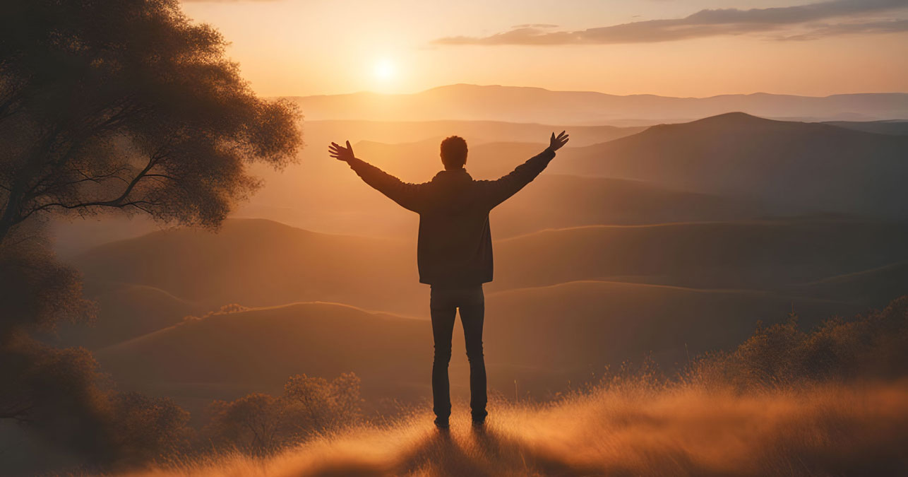 Un homme au coucher du soleil démontre sa gratutude