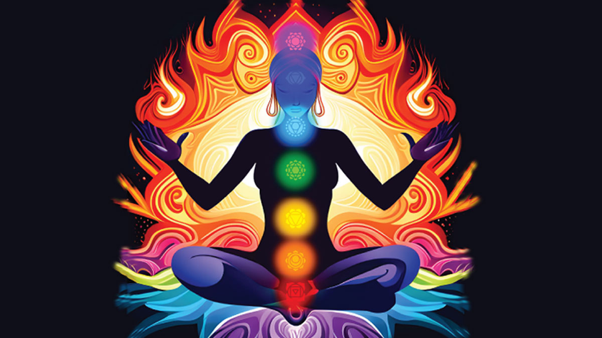 Illustration d'ue femme assis en lotus avec Chakras couleur