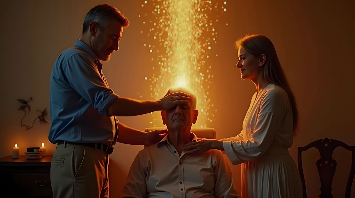 Homme ag/ recoit des soins Reiki