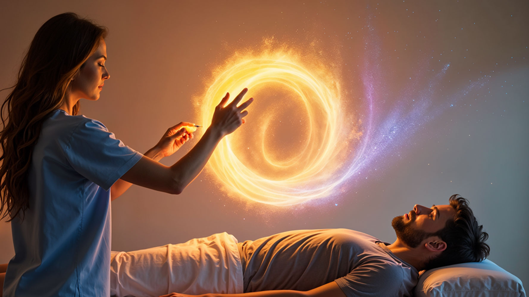 Therapist drawing symbol over client