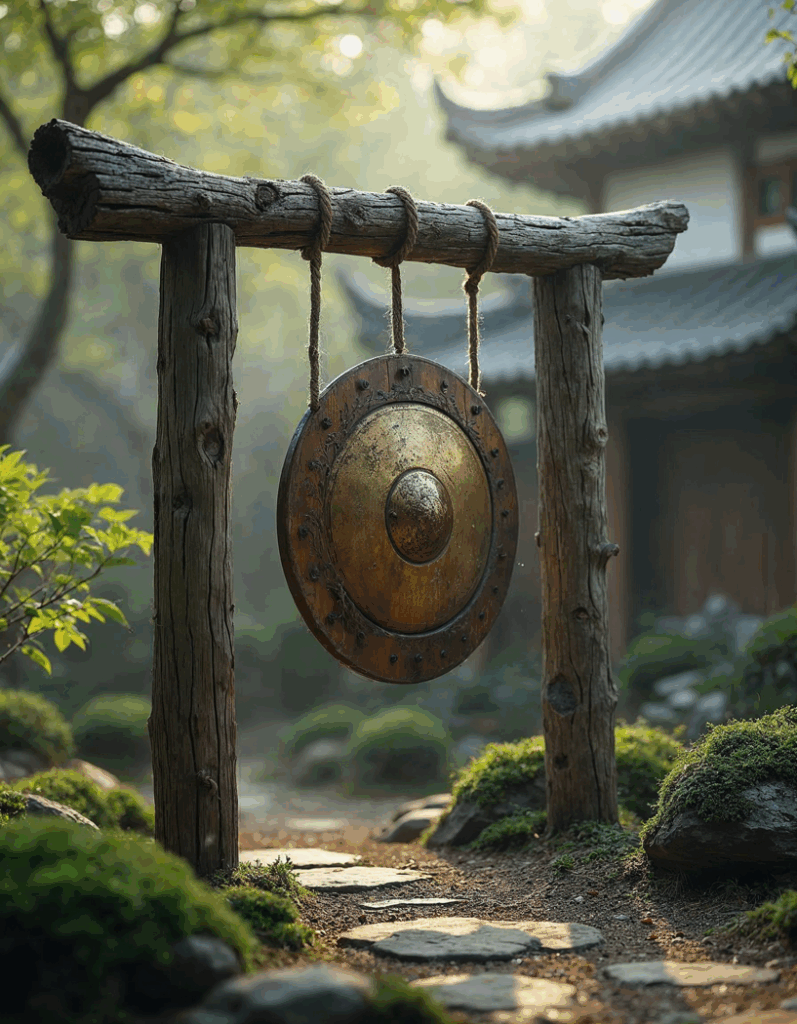 gong suspendu sur bois