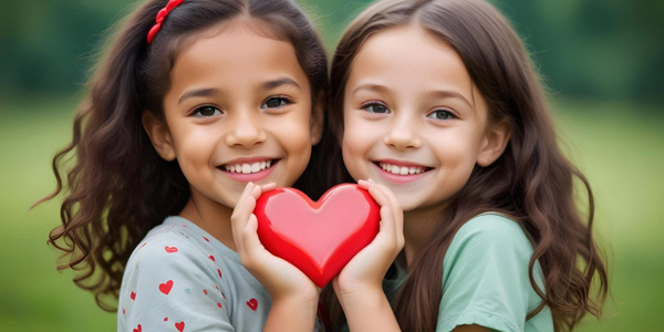 Deux jeunes filles pratique la gratitude en tenant un cœur dans la main